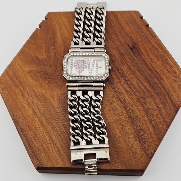 Y2K Guess Rhinestone Love Bling Watch Silver Tone Chain Link Wide Bracelet Band - Picture 4 of 8